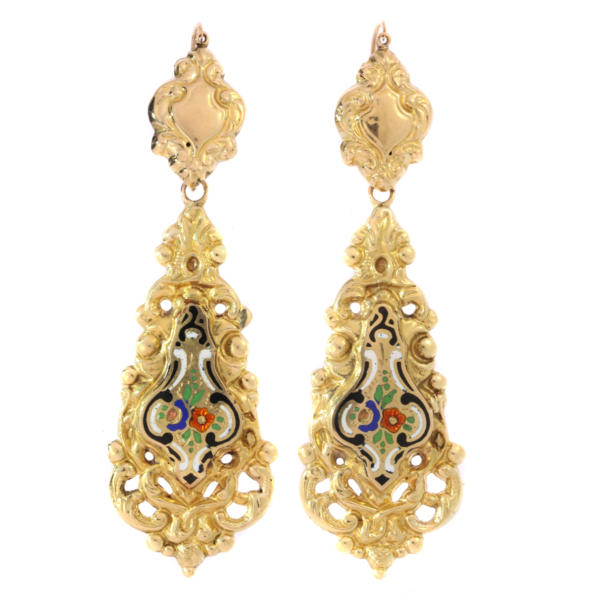 Antique Victorian gold dangle earrings with enamel